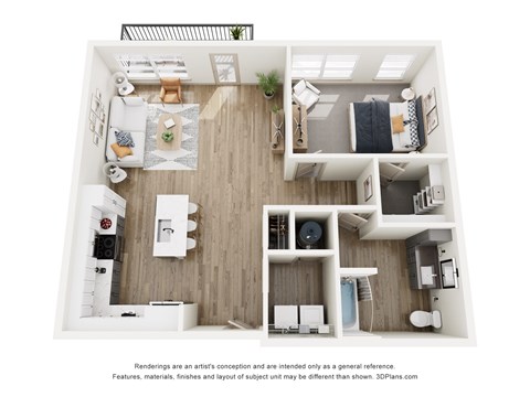 Floor plan for 1 bed, 1 bath, 977 sqft